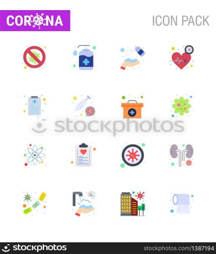 Coronavirus Prevention Set Icons. 16 Flat Color icon such as pulse, beat, soap, washing, hands spray viral coronavirus 2019-nov disease Vector Design Elements