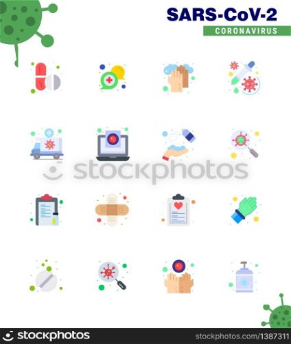 Coronavirus Prevention Set Icons. 16 Flat Color icon such as virus, dropper, support, medicine, washing viral coronavirus 2019-nov disease Vector Design Elements