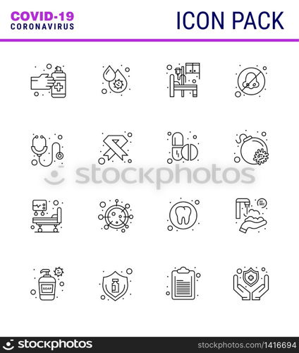 Coronavirus Prevention Set Icons. 16 Line icon such as healthcare, otolaryngologist, platelets, nose, room viral coronavirus 2019-nov disease Vector Design Elements