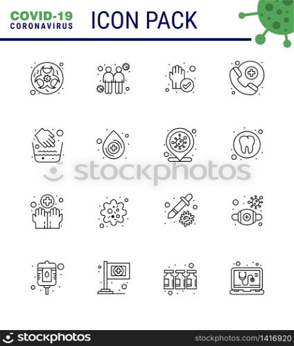 Coronavirus Prevention Set Icons. 16 Line icon such as hygiene, survice, transmitters, medical assistance, cleaned viral coronavirus 2019-nov disease Vector Design Elements