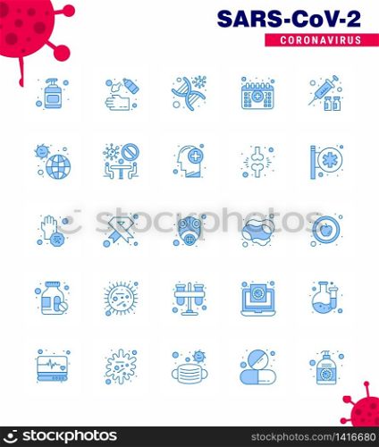 Coronavirus Prevention Set Icons. 25 Blue icon such as flu, medical, dna, calendar, virus viral coronavirus 2019-nov disease Vector Design Elements