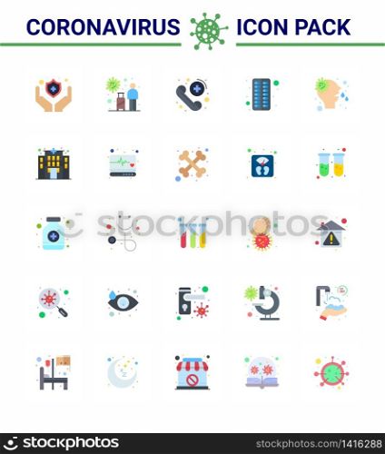 Coronavirus Prevention Set Icons. 25 Flat Color icon such as nose, pill, call, medical, antivirus viral coronavirus 2019-nov disease Vector Design Elements