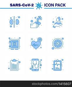 Coronavirus Prevention Set Icons. 9 Blue icon such as beat, safe, hands care, protection, locker viral coronavirus 2019-nov disease Vector Design Elements