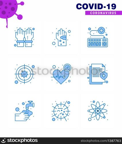 Coronavirus Prevention Set Icons. 9 Blue icon such as disease, target, hygiene, survice, online viral coronavirus 2019-nov disease Vector Design Elements