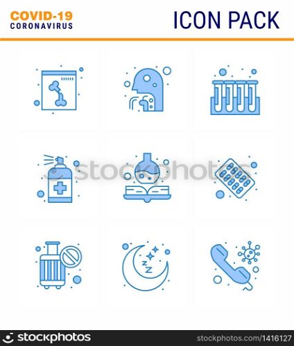 Coronavirus Prevention Set Icons. 9 Blue icon such as handbook, handcare, blood, hand, spray viral coronavirus 2019-nov disease Vector Design Elements