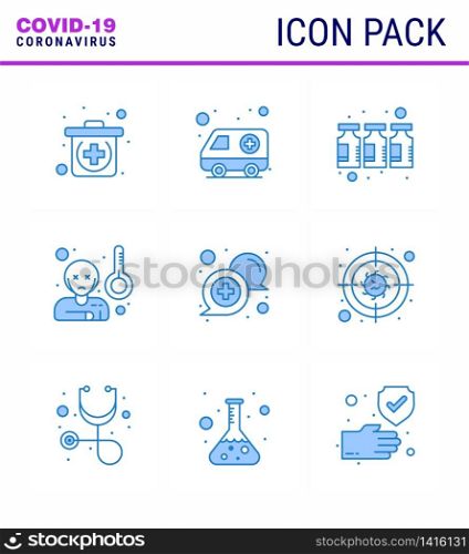 Coronavirus Prevention Set Icons. 9 Blue icon such as medical, chat, drugs, temprature, virus viral coronavirus 2019-nov disease Vector Design Elements