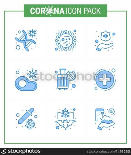 Coronavirus Prevention Set Icons. 9 Blue icon such as restaurant, meat, virus, food, washing viral coronavirus 2019-nov disease Vector Design Elements