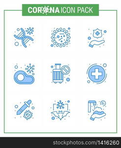 Coronavirus Prevention Set Icons. 9 Blue icon such as restaurant, meat, virus, food, washing viral coronavirus 2019-nov disease Vector Design Elements