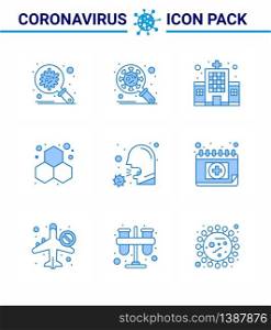 Coronavirus Prevention Set Icons. 9 Blue icon such as science, experiment, security, chemistry, clinic viral coronavirus 2019-nov disease Vector Design Elements
