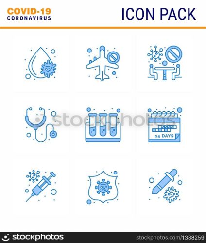Coronavirus Prevention Set Icons. 9 Blue icon such as test, stethoscope, airoplan, medical, team viral coronavirus 2019-nov disease Vector Design Elements
