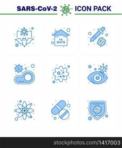 Coronavirus Prevention Set Icons. 9 Blue icon such as virus, meat, stay home, food, virus viral coronavirus 2019-nov disease Vector Design Elements