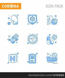 Coronavirus Prevention Set Icons. 9 Blue icon such as warning, travel, protection, airplane, lungs viral coronavirus 2019-nov disease Vector Design Elements