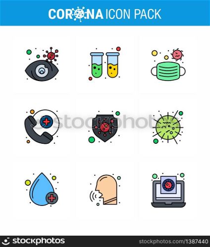 Coronavirus Prevention Set Icons. 9 Filled Line Flat Color icon such as shield, protection, face, survice, doctor on call viral coronavirus 2019-nov disease Vector Design Elements