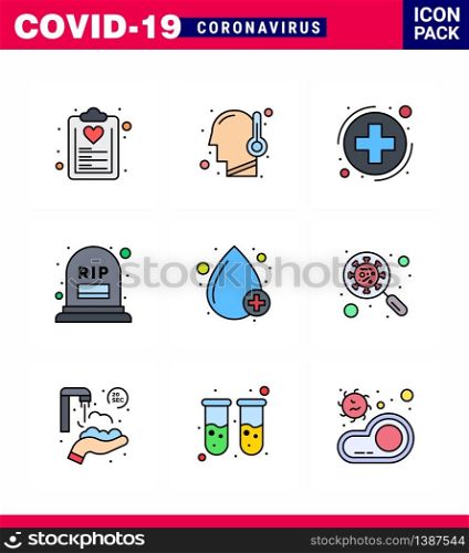Coronavirus Prevention Set Icons. 9 Filled Line Flat Color icon such as blood, mortality, temperature, grave, sign viral coronavirus 2019-nov disease Vector Design Elements