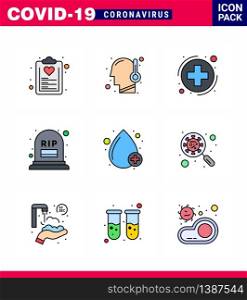 Coronavirus Prevention Set Icons. 9 Filled Line Flat Color icon such as blood, mortality, temperature, grave, sign viral coronavirus 2019-nov disease Vector Design Elements