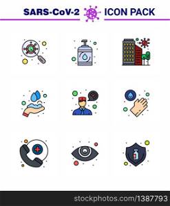 Coronavirus Prevention Set Icons. 9 Filled Line Flat Color icon such as washing, hands, building, hands care, safety viral coronavirus 2019-nov disease Vector Design Elements