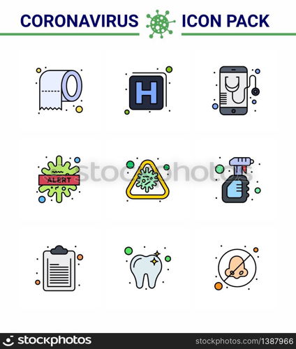 Coronavirus Prevention Set Icons. 9 Filled Line Flat Color icon such as alert, disease, healthcare, bacteria, alert viral coronavirus 2019-nov disease Vector Design Elements