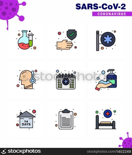 Coronavirus Prevention Set Icons. 9 Filled Line Flat Color icon such as medical, appointment, hospital signboard, temperature, cold viral coronavirus 2019-nov disease Vector Design Elements