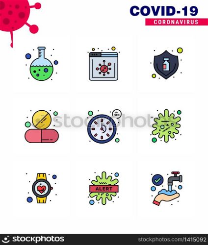 Coronavirus Prevention Set Icons. 9 Filled Line Flat Color icon such as clock, pill, protection, medicine, capsule viral coronavirus 2019-nov disease Vector Design Elements