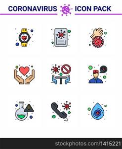 Coronavirus Prevention Set Icons. 9 Filled Line Flat Color icon such as conference, health care, bacteria, heart, care viral coronavirus 2019-nov disease Vector Design Elements