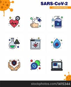Coronavirus Prevention Set Icons. 9 Filled Line Flat Color icon such as research, flask, soap, wash, handcare viral coronavirus 2019-nov disease Vector Design Elements