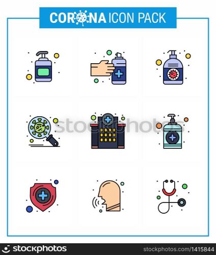 Coronavirus Prevention Set Icons. 9 Filled Line Flat Color icon such as building, security, cream, protection, bacteria viral coronavirus 2019-nov disease Vector Design Elements