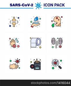 Coronavirus Prevention Set Icons. 9 Filled Line Flat Color icon such as water drop, soap, washing, hand, man viral coronavirus 2019-nov disease Vector Design Elements