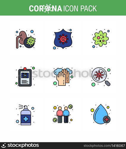 Coronavirus Prevention Set Icons. 9 Filled Line Flat Color icon such as hands, illness, infection, hospital chart, clinical record viral coronavirus 2019-nov disease Vector Design Elements