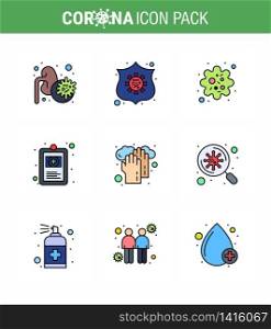 Coronavirus Prevention Set Icons. 9 Filled Line Flat Color icon such as hands, illness, infection, hospital chart, clinical record viral coronavirus 2019-nov disease Vector Design Elements