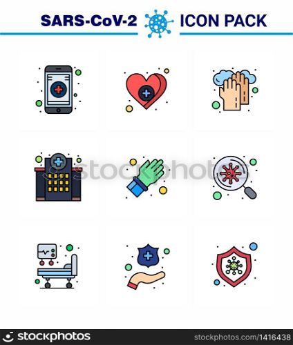 Coronavirus Prevention Set Icons. 9 Filled Line Flat Color icon such as hand, nursing, hands, medical, healthcare viral coronavirus 2019-nov disease Vector Design Elements
