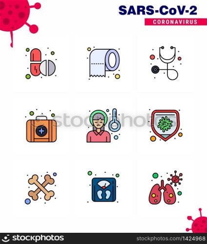 Coronavirus Prevention Set Icons. 9 Filled Line Flat Color icon such as sick, headache, diagnosis, head, kit viral coronavirus 2019-nov disease Vector Design Elements