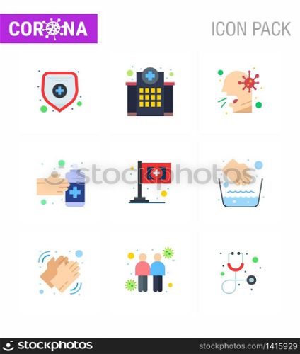 Coronavirus Prevention Set Icons. 9 Flat Color icon such as assistance, medication, cough, hands, sick viral coronavirus 2019-nov disease Vector Design Elements