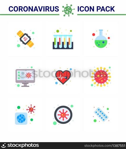 Coronavirus Prevention Set Icons. 9 Flat Color icon such as beat, virus, test, scan, computer viral coronavirus 2019-nov disease Vector Design Elements