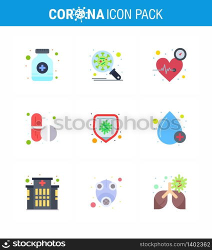 Coronavirus Prevention Set Icons. 9 Flat Color icon such as capsule, pills, virus, medicine, time viral coronavirus 2019-nov disease Vector Design Elements