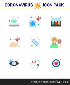 Coronavirus Prevention Set Icons. 9 Flat Color icon such as health, fitness, test, drugs, hands viral coronavirus 2019-nov disease Vector Design Elements