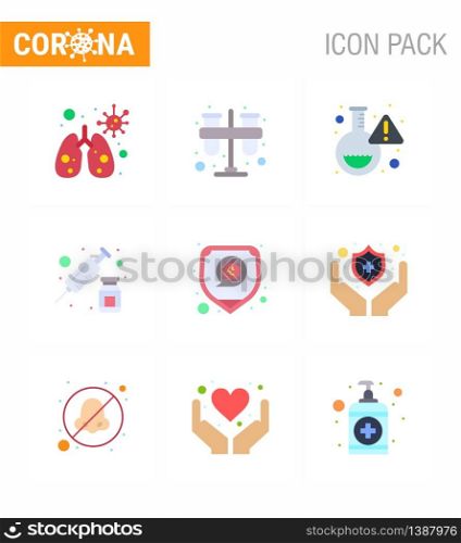 Coronavirus Prevention Set Icons. 9 Flat Color icon such as protection, vaccine, flask, syringe, drugs viral coronavirus 2019-nov disease Vector Design Elements