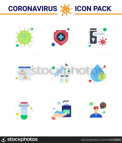 Coronavirus Prevention Set Icons. 9 Flat Color icon such as protection, xray, shield, skull, bacteria viral coronavirus 2019-nov disease Vector Design Elements