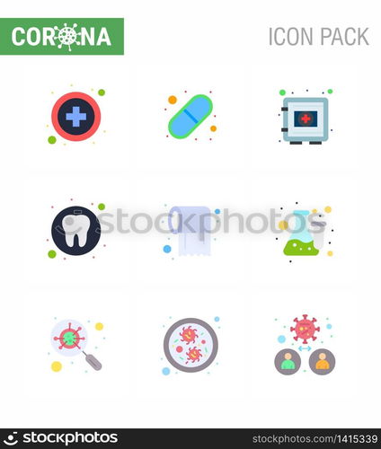 Coronavirus Prevention Set Icons. 9 Flat Color icon such as roll, tooth, medical, medical, dental viral coronavirus 2019-nov disease Vector Design Elements