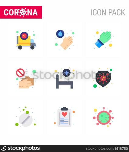 Coronavirus Prevention Set Icons. 9 Flat Color icon such as touch, pandemic, glove, no, covid viral coronavirus 2019-nov disease Vector Design Elements