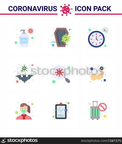Coronavirus Prevention Set Icons. 9 Flat Color icon such as virus, coronavirus, skull, carrier, timer viral coronavirus 2019-nov disease Vector Design Elements