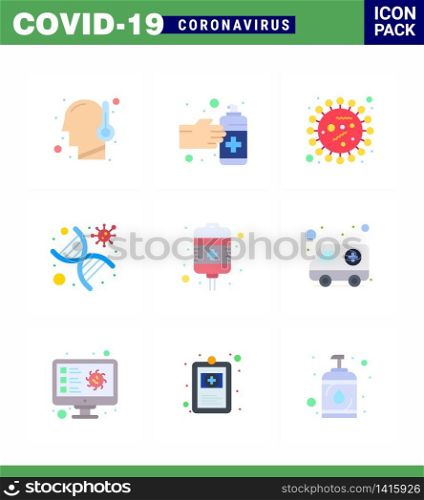 Coronavirus Prevention Set Icons. 9 Flat Color icon such as virus, genomic, bacteria, genetics, bacteria viral coronavirus 2019-nov disease Vector Design Elements