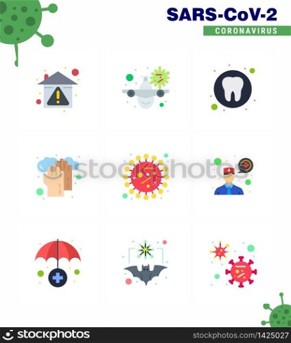 Coronavirus Prevention Set Icons. 9 Flat Color icon such as washing, hands, warning, healthcare, medical viral coronavirus 2019-nov disease Vector Design Elements