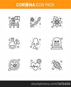 Coronavirus Prevention Set Icons. 9 Line icon such as allergy, research, blood, lab, research viral coronavirus 2019-nov disease Vector Design Elements