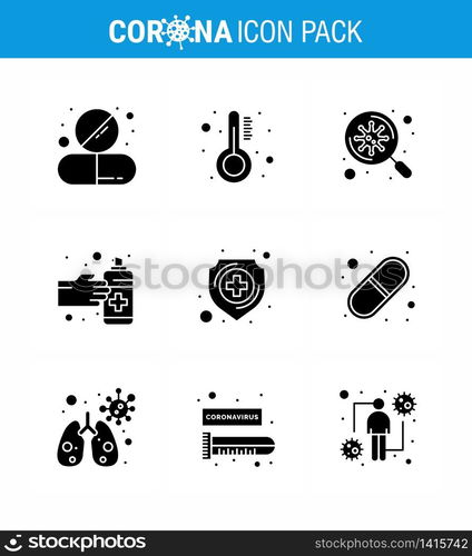 Coronavirus Prevention Set Icons. 9 Solid Glyph Black icon such as protection, medication, thermometer, hands, scan viral coronavirus 2019-nov disease Vector Design Elements