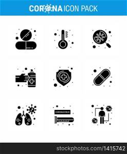 Coronavirus Prevention Set Icons. 9 Solid Glyph Black icon such as protection, medication, thermometer, hands, scan viral coronavirus 2019-nov disease Vector Design Elements