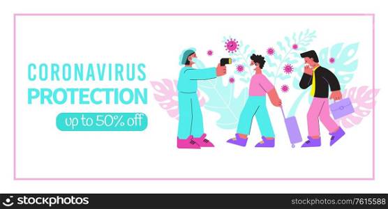 Coronavirus protection banner flat composition with editable text discount and walking people with masks virus images vector illustration