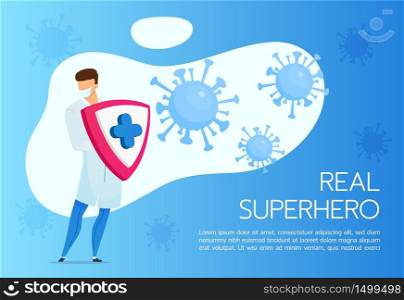 Coronavirus protection banner flat vector template. Brochure, poster concept design with cartoon character. Medic fighting against Covid infection horizontal flyer, leaflet with place for text. Coronavirus protection banner flat vector template