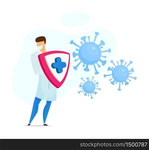 Coronavirus protection flat concept vector illustration. Medic in face mask fighting against Covid infection 2D cartoon character for web design. Doctor with shield. Pandemic prevention creative idea. Coronavirus protection flat concept vector illustration