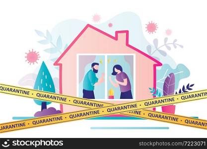 Coronavirus quarantine or lockdown banner. House exterior. Relationship problem, Domestic violence, wife and husband ready to fight. Yellow warning tapes. Health care concept. Flat vector illustration. Coronavirus quarantine or lockdown banner. House exterior. Relationship problem, Domestic violence, wife and husband ready to fight.