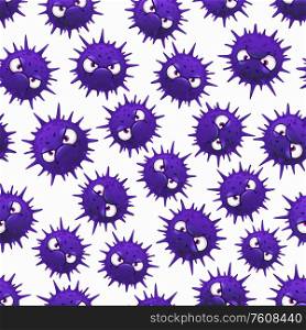 Coronavirus seamless pattern with cartoon bacteria on white background. Corona virus RNA Covid 19 barbed purple cells with angry faces and eyes. Quarantine, pandemic Covid19 germs or flu microbes. Coronavirus seamless pattern with cartoon bacteria
